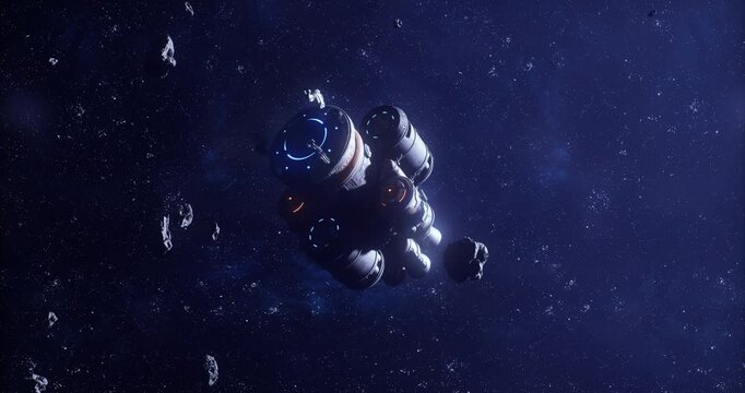 An advanced exploration vessel maneuvers carefully among large asteroids in a deep space setting, illuminated by glowing lights on its exterior. The vastness of space surrounds this mission.
