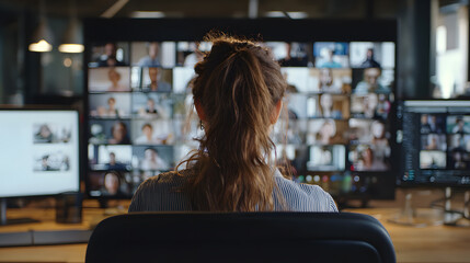 Focused businesswoman engages in virtual meeting, collaborating with remote team