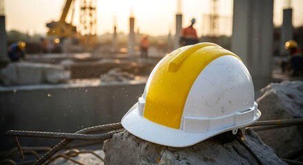 Construction safety concept with a hard hat at a building site during sunrise.
