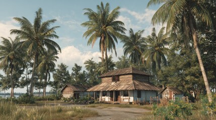Fototapeta premium Tropical village scene. Wooden houses surrounded by palm trees