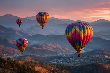Naklejka premium Colorful hot air balloons flying over mountain valley and forest landscape at sunset, panoramic view of adventure travel.