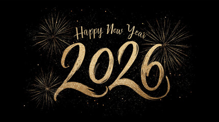 New Year Happy 2026 Text Gold Handwritten Celebration Banner Poster Event Background