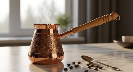 Copper Cezve Coffee Pot with Coffee Beans.
