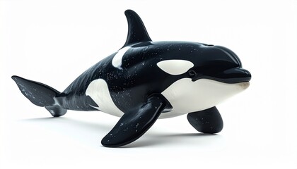 Fototapeta premium A realistic orca model with glossy black and white markings rests on a smooth surface—its detailed fins and proportions evoke marine majesty, symbolic depth, and the rhythm of oceanic grace.