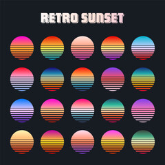 Vintage colorful sunset. Striped gradient sunrise badges in 80s and 90s style. Sun and ocean view, summer vibes, surfing. Design element for print, logo or t-shirt. Vector illustration