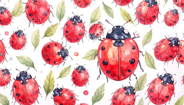 Watercolor ladybug and leaf pattern