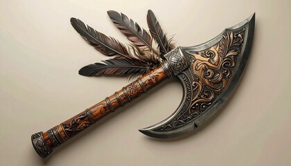 ceremonial axe, double-headed, ornate, carvings, turquoise inlays, feathers, beads, wood handle, geometric design, symbolism, heritage, ritual, power, setup, studio, composition, visual, aesthetic, is