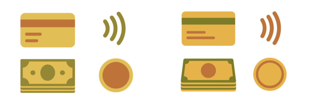 Diverse financial payment methods collection featuring credit cards, contactless symbols, cash banknotes, and coins