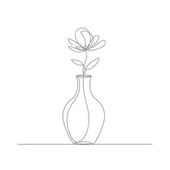 Elegant single line drawing of a flower in a vase silhouette isolated on white background