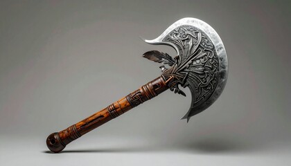 ceremonial axe, double-headed, ornate, carvings, turquoise inlays, feathers, beads, wood handle, geometric design, symbolism, heritage, ritual, power, setup, studio, composition, visual, aesthetic, is