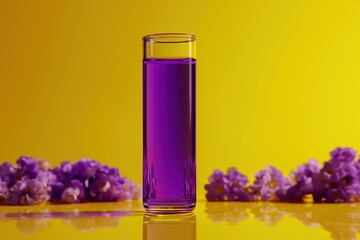 Purple liquid in glass with flowers on yellow background