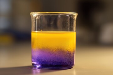 Chemical reaction showing colorful liquid separation in beaker
