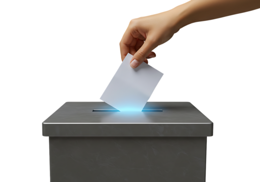 Hand placing ballot in metal box during election, symbolizing civic duty and democratic participation with a sense of responsibility.