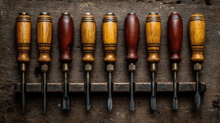 Vintage woodworking chisels, arranged in a row on a dark wooden surface.  Wooden handles, brass-colored shafts, and aged patina