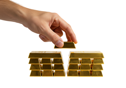 Hand places gold bar on top of two stacks of gold bars on a white surface, symbolizing wealth and investment with a clean, minimalist aesthetic.
