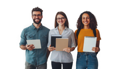 Diverse students smiling and holding books and tablets ready for learning together