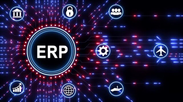 SAP system software automation, enterprise resource planning (ERP) technology. Construction concept on futuristic circuit board with digital interface and innovation background.