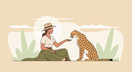 Obraz premium Elegant Woman Interacts Gracefully With A Stunning Cheetah In A Serene Wild Habitat