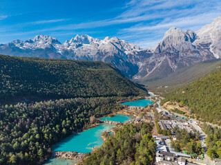 Aerial view of the Blue Moon Valley in Yulong Snow Mountain, Lijiang, Yunnan Province
