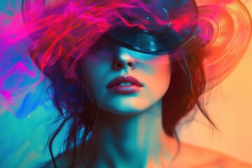 Obraz premium Dreamy surreal portrait of woman with melted vinyl