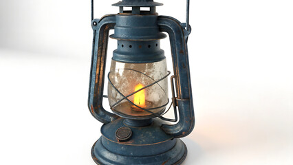 Vintage kerosene lantern with glowing wick on white background
