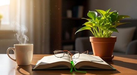 Cozy Morning Scene - Coffee, Book, and Plant on Wooden Table.