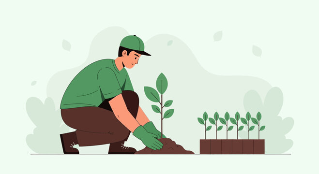 Dedicated Gardner Planting Tree, Symbol Of Growth And Environmental Conservation Effort