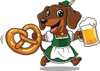 Cute dachshund in traditional Bavarian dress holding beer and pretzel, Oktoberfest celebration, German culture, funny dog illustration, vector cartoon
