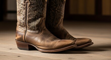 Close up of worn brown leather cowboy boots on a wooden floor.