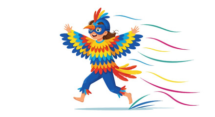 Obraz premium Delighted Child in Elaborate Bird Costume Enjoys Playful Flight and Spirited Adventure