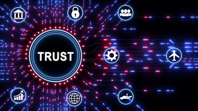 Business Trust concept on futuristic circuit board, technology background with digital interface, corporate responsibility and innovation.