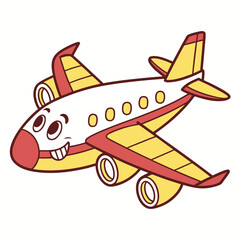 Cute cartoon airplane with a friendly face and red and yellow wings flying joyfully