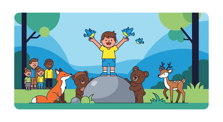 Enthusiastic Child Celebrating With Forest Friends And Enchanting Wildlife In Nature