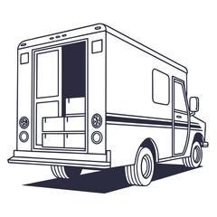 Line art illustration of a delivery truck with its back doors open and boxes inside