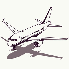 Modern commercial jet airplane with engines and wings casting a shadow on a plain background