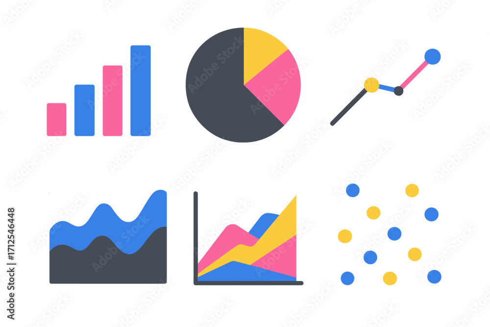 Poster colorful graphic illustrations of data visualizations including charts, graphs, and other analytics 