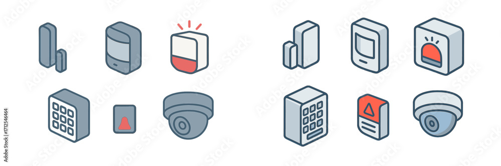 Poster collection of security system icons showcasing various components and devices for safety monitoring 