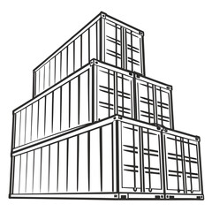 Fototapeta premium Stack of shipping containers in a warehouse or port yard isolated on white background line art