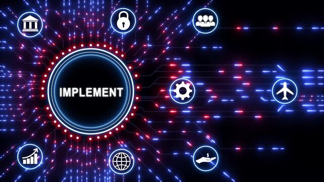 Implement business concept button on futuristic high-performance network icon, circuit board with technology background, digital interface and innovation concept.