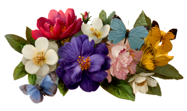 Vintage Paper Collage of Colorful Flowers and Butterflies Isolate on Transparent Background, cutout, png