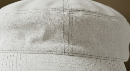 Close-up View of a Stylish White Cotton Newsboy Cap with Detailed Stitching and Interesting Texture Pattern, Perfect for Fashion Forward