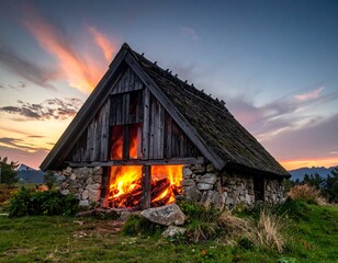 Rustic mountain cabin at sunset