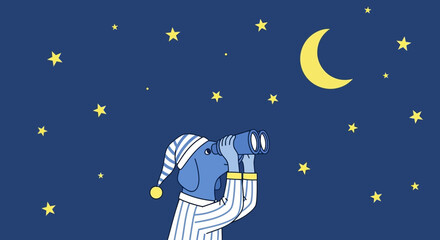 Dog In Pajamas Gazing At Stars With Binoculars Under A Crescent Moon