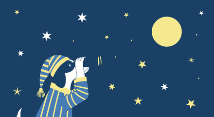 Dog Observes Night Sky And Moon Decorated With Stars In Sleepwear At Evening