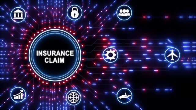 Business Insurance Claim concept on futuristic circuit board, technology background with digital interface, corporate responsibility and innovation.