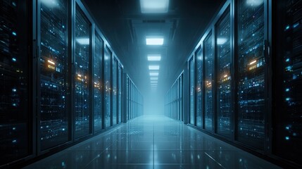 An abstract view of a server room with a atmospheric glow from numerous blue LED lights creating a gradient effect.