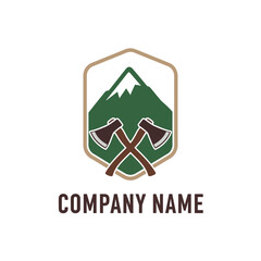 Mountain Adventure Logo with Crossed Axes and Shield Emblem.