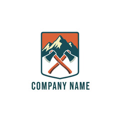 Mountain Adventure Logo with Crossed Axes and Shield Emblem.