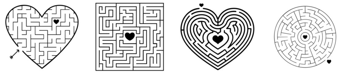 Obraz premium Set of romantic maze puzzle templates with hearts — arrow heart labyrinth, square maze with center heart, concentric heart shaped maze, and circular love labyrinth for Valentine’s Day cards