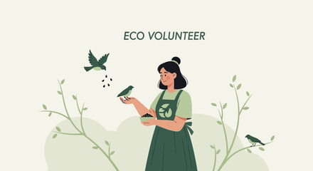Obraz premium Eco-Conscious Volunteer Nurturing Nature, Feeding Birds, Promoting Environmental Stewardship